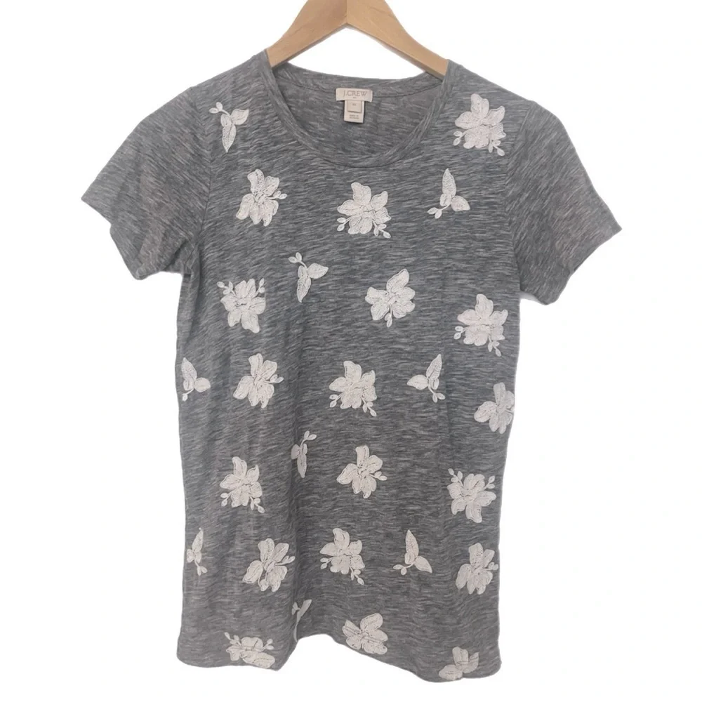 J. Crew Floral Embroidered Soft Grey Tee Size Extra Small